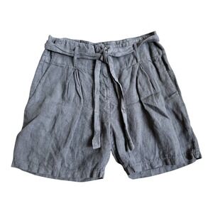SUZY D Women Gray Linen Blend Paperbag Waist Pleated Shorts Size M Made in Italy
